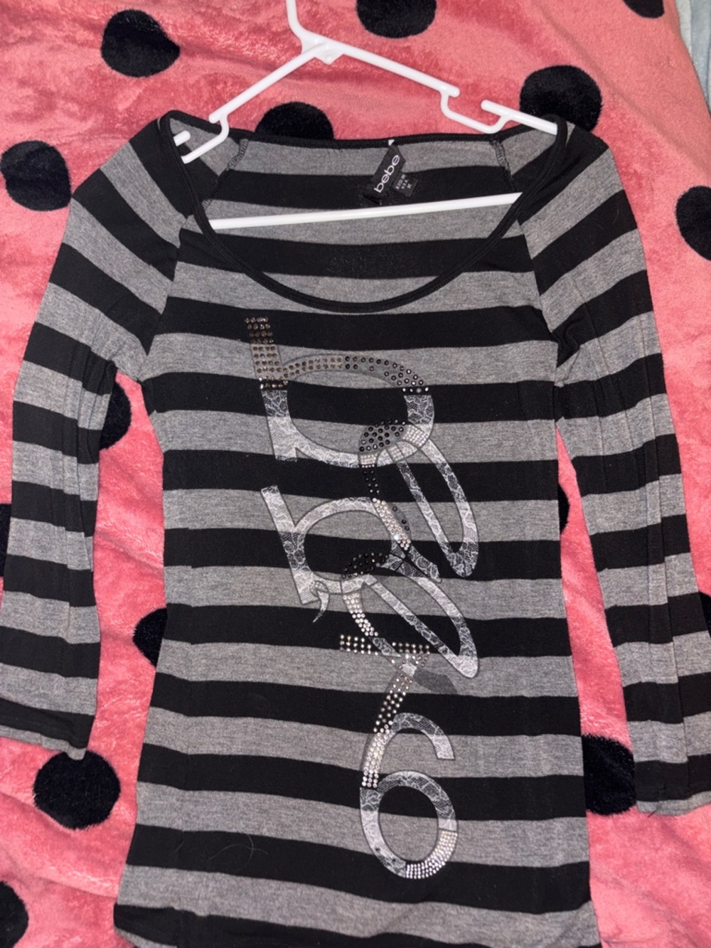 Bebe Black & Gray Striped Scoop Neck Rhinestone lace design Logo Top